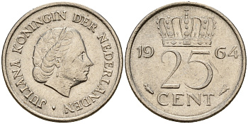 Нидерланды 25 центов 1964 Юлиана (1949-1980) KM 183 никель    4598-423