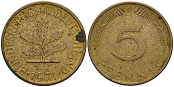 ФРГ 5 пфеннигов 1971 G J.382, KM 107 сталь плакированная латунью    4598-951