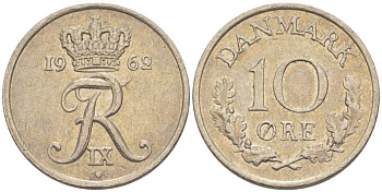 ДАНИЯ 10 ЭРЕ 1962 C; S, ФРЕДЕРИК IX (1947-1972) KM 849.1 медно-никель 4387-846