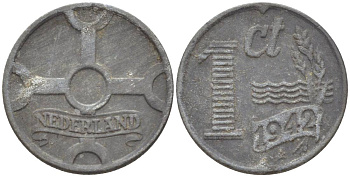 НИДЕРЛАНДЫ 1 ЦЕНТ 1942 ВИЛЬГЕЛЬМИНА I (1891-1948), ГЕРМАНСКАЯ ОККУПАЦИЯ, ВТОРАЯ МИРОВАЯ ВОЙНА KM 170 цинк 4532-1132