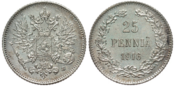 Россия для Финляндии 25 пенни 1916 S, Николай II (1894-1917) KM 6.2, Биткин 421 серебро 75-1315