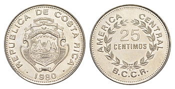 Коста-Рика 25 сентимо 1980 KM 188.1a сталь плакированная никелем UNC 4642-842