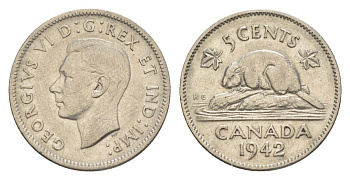 Канада 5 центов 1942 Георг VI (1936-1952), бобр KM 33 никель 4630-646