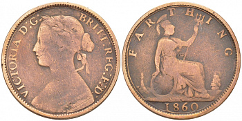 Великобритания 1 фартинг 1860 Виктория (1837-1901) KM 725, Spink 3950 бронза 77-156