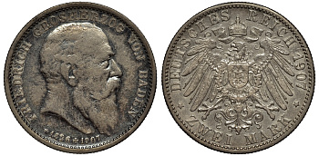 Баден 2 марки 1907 G, на смерть Фридриха I (1856-1907), Weege 36, J. 36, KM 278 серебро 02-264-55