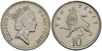 Великобритания 10 пенсов 1992 Елизавета II (1952-2022) KM 938b, Spink 4367 (F4) медно-никель 4167-1247