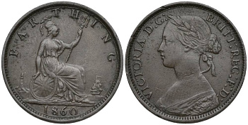 Великобритания 1 фартинг 1860 Виктория (1837-1901), зубчатая кайма KM 747.2, Spink 3958 бронза 4548-1047