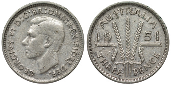 Австралия 3 пенса 1951 m, Георг VI (1937-1952), без букв KM 44 серебро 71-447