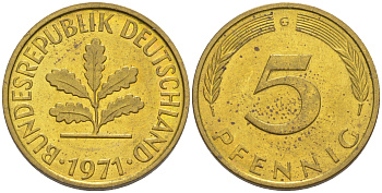 ФРГ 5 пфеннигов 1971 G KM 107, J. 382 сталь плакированная латунью 4514-651