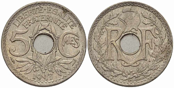 ФРАНЦИЯ 5 САНТИМОВ 1917 ТИП ЛИНДАЙЁ KM 865, LE FRANC 121.1 медно-никель 105-352