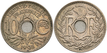 Франция 10 сантимов 1938 KM 866a, Le Franc 138.3 медно-никель 4143-1044