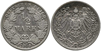 ГЕРМАНИЯ 1/2 МАРКИ 1909 G KM 17, J. 16, Weege 16 серебро 4448-735