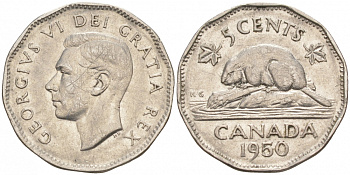 Канада 5 центов 1950 бобр, Георг VI (1937-1952) KM 42 никель 73-1346
