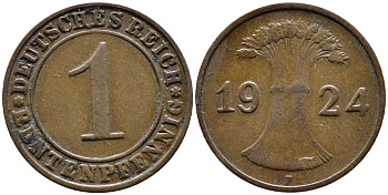 Германия 1 рентенпфенниг 1924 F KM 30, J. 306 бронза 4387-1122
