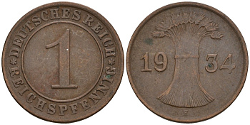 Германия 1 рейхспфенниг 1934 E KM 37, J. 313 бронза 4516-233