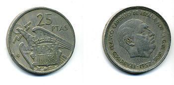 ИСПАНИЯ 25 ПЕСЕТ 1957 (65) ФРАНСИСКО ФРАНКО ДИКТАТОР ИСПАНИИ (1939-1975) KM 787 медно-никель 36-353
