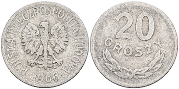 Польша 20 грошей 1966 MW KM А47 алюминий    4174-669