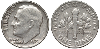 США 1 дайм - 10 центов 1970 Рузвельт KM 195a медь плакированная медно-никелем 4549-316