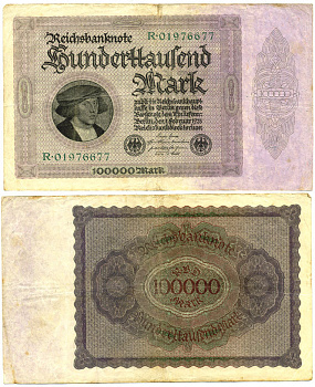 Германия 100000 марок 1923 Георг Гизе, без T под портретом, 8 цифр в номере Pick 83 a, Розенберг 82 а бумага 3295-122-1-1