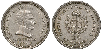 Уругвай 25 сентесимо 1960 KM 40 медно-никель 4169-818