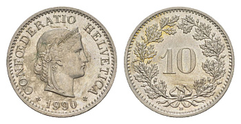 Швейцария 10 раппенов 1990 B KM 27 медно-никель aUNC 4627-1156
