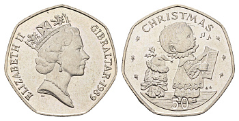 Гибралтар 50 пенсов 1989 Рождество KM 31 медно-никель UNC 1524-2022