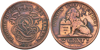 Бельгия 2 сантима 1870 Belges KM 35.1 медь 4595-213