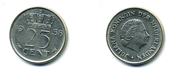 НИДЕРЛАНДЫ 25 ЦЕНТОВ 1958 ЮЛИАНА KM 183 никель 76-366