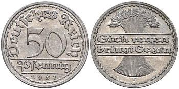 Германия 50 пфеннигов 1921 F KM 27, J.301, Weege 10 алюминий UNC 4584-751