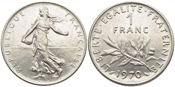 ФРАНЦИЯ 1 ФРАНК 1970 СЕЯТЕЛЬ KM 925.1, LE FRANC 226.15 никель 175-526
