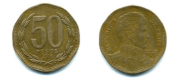 Чили 50 песо 2006 Бернардо О’Хиггинс KM 219.2 алюминиевая бронза 35-352