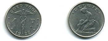 БЕЛЬГИЯ 1 ФРАНК 1922 BELGIE KM 90 никель 41-733