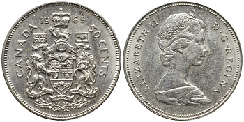 Канада 50 центов 1969 Елизавета II (1952-2022), герб KM 75.1 никель 4542-125