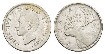 Канада 25 центов 1937 Георг V (1910-1936), олень KM 35 серебро 4541-946