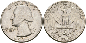 США 25 центов (квотер) 1970 Вашингтон KM 164а медь плакированная медно-никелем    4364-3545