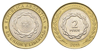 Аргентина 2 песо 2011 KM 165 биметалл aUNC 4663-651