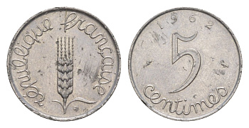 Франция 5 сантимов 1962 пятая республика KM 927, Le Franc 124.4 нержавеющая сталь UNC 4630-317