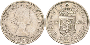 Великобритания 1 шиллинг 1962 Елизавета II (1952-2022), Шотландский герб KM 905, Spink 4148 медно-никель 4556-642