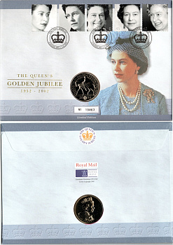 Великобритания 5 фунтов 2002 Золотой юбилей правления Королевы Елизаветы II, в оригинальном конверте, с марками, первый день гашения KM 1024, Spink L10 медно-никель BU 8-2-06-50