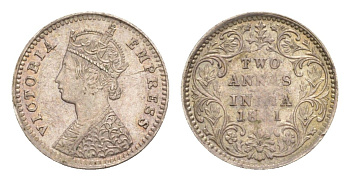 Британская Индия 2 анны 1891? Виктория (1837-1901) KM 488 серебро 1517-334