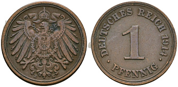 Германия 1 пфенниг 1914 E, Вильгельм II (1888-1918) KM 10, J. 10 медь 4608-167