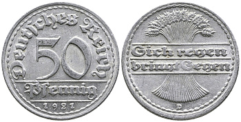 ГЕРМАНИЯ 50 ПФЕННИГОВ 1921 D KM 27, J. 301 алюминий 24-1023