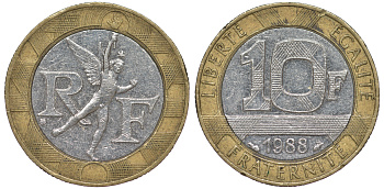 Франция 10 франков 1988 тип Гений Бастилии KM 964.1, Le Frank 375.2 биметалл 45-526