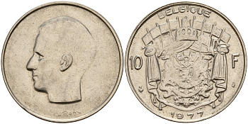 Бельгия 10 франков 1977 Belgique, Бодуэн I (1951-1993) KM 155.1 никель  4187-512