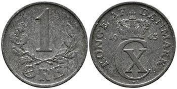 ДАНИЯ 1 ЭРЕ 1943 N; S, КРИСТИАН X (1912-1947) KM 832 цинк 100-644