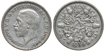 Великобритания 6 пенсов 1936 Георг V (1910-1936) KM 832, Spink 4041 серебро 4128-815