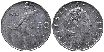 ИТАЛИЯ 50 ЛИР 1966 R, БОГ ОГНЯ ВУЛКАН У НАКОВАЛЬНИ KM 95.1 нержавеющая сталь 34-1254