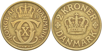 Дания 2 кроны 1925 HCN; GJ, Кристиан X (1912-1947) KM 825.2 алюминиевая бронза 4111-426