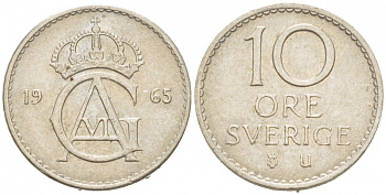 Швеция 10 эре 1965 U, Густав VI Адольф (1950-1973) КМ 835 медно-никель 3955-323