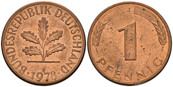 ФРГ 1 пфенниг 1978 J KM 105, J. 380 сталь плакированная медью    4598-561